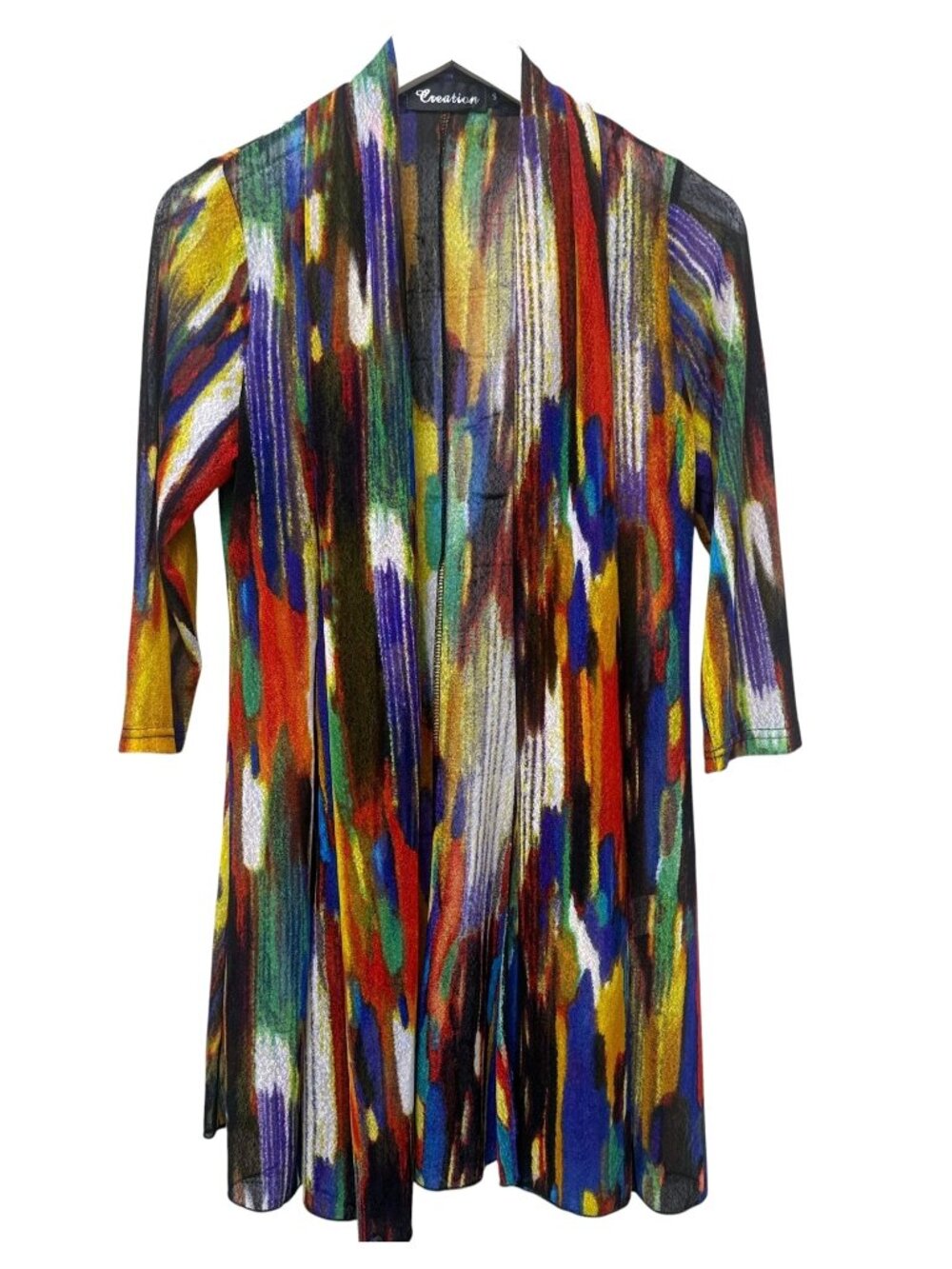 Abstract Mesh Cardigan Womens Small Sheer Stretch Open Front Artsy Colorful